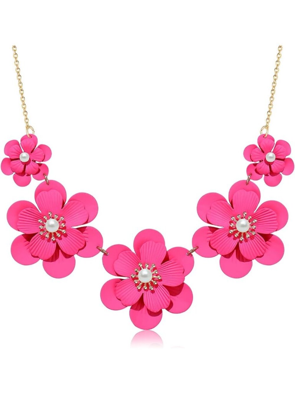 Women's Hot Pink Flower Matte Enamel Pearl Charm Choker Statement Necklace
